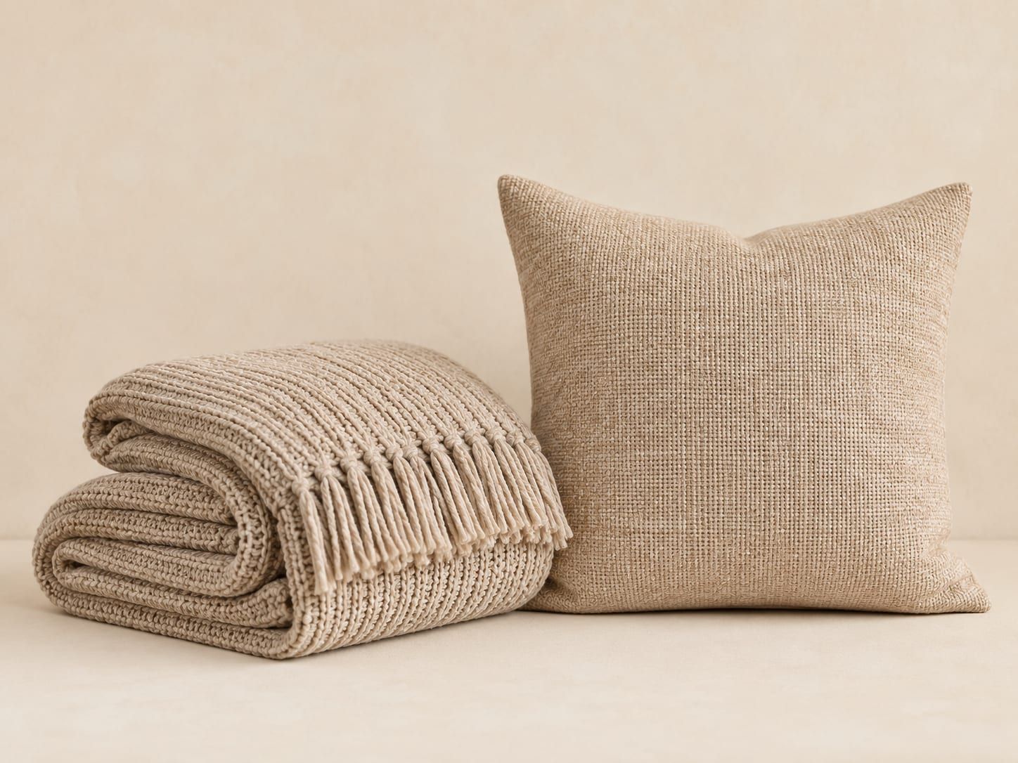 Folded throw blanket and cushion representing VIRA Home