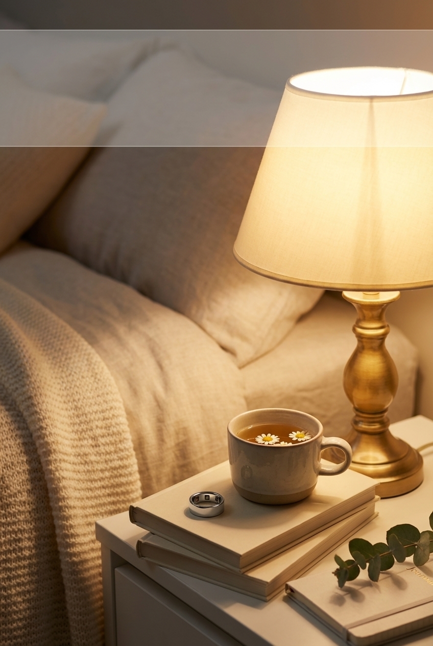 Cozy bedside scene with linen bedding, a lit lamp, and a cup of tea on a nightstand