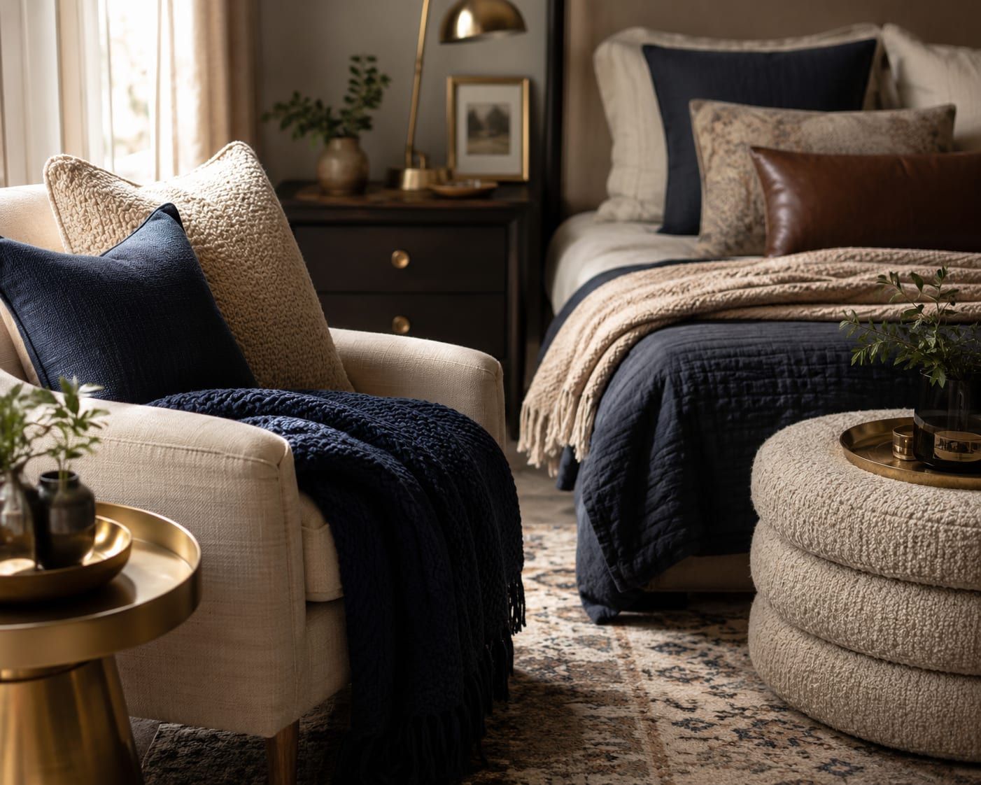 Styled living room with layered textiles, cushions, throws, and furnishings