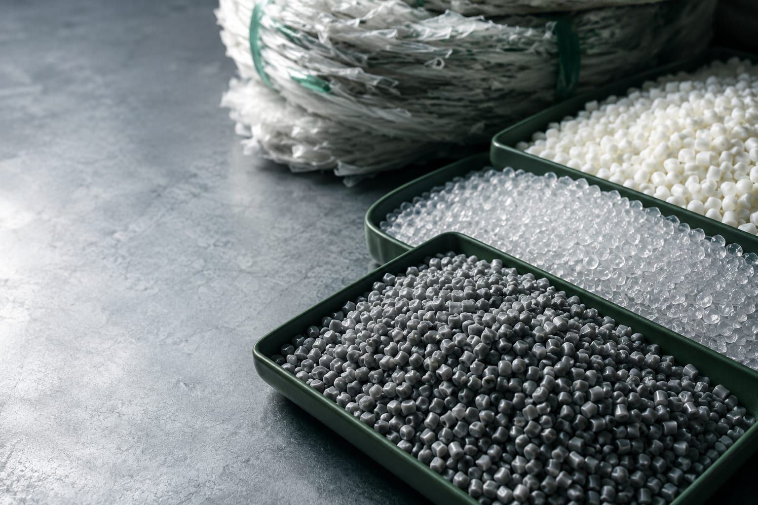 Sorted plastic granulate and material bales at a recycling facility
