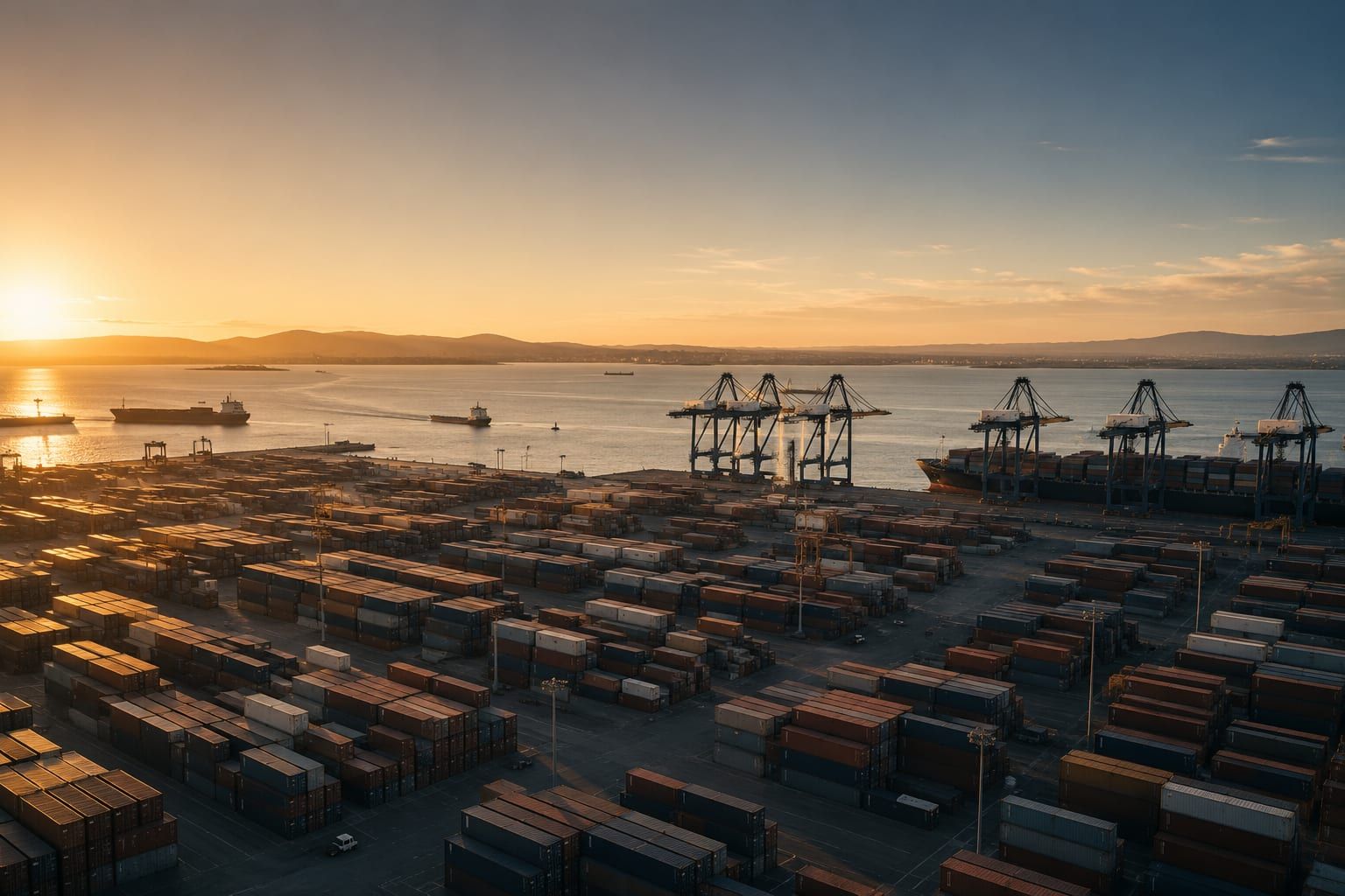 Aerial view of a global shipping port representing VIRA Holdings Co. LLC's reach across industries